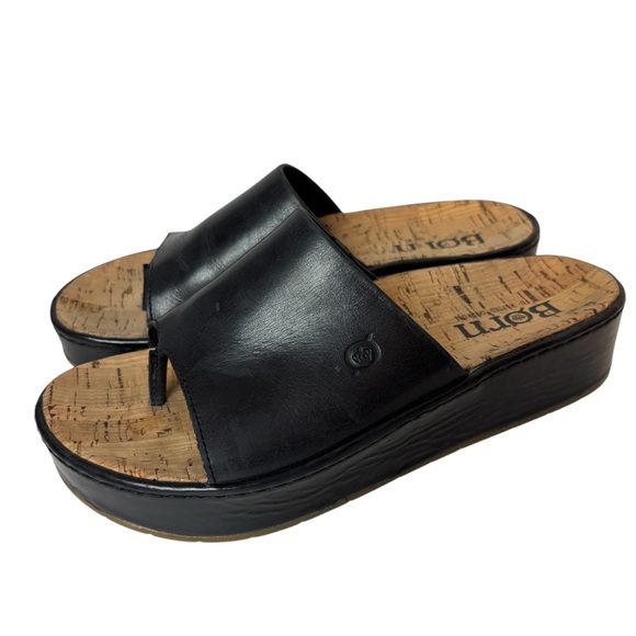 Born sharr platform sandals black leather thong cork footbed women’s size 8M - Picture 3 of 6